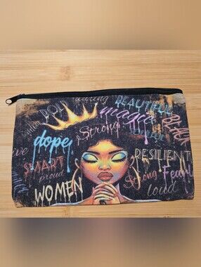 👑 NWOT Black Girl Magic Canvas Makeup Bag Zipper Pouch Melanin Queen Graffiti